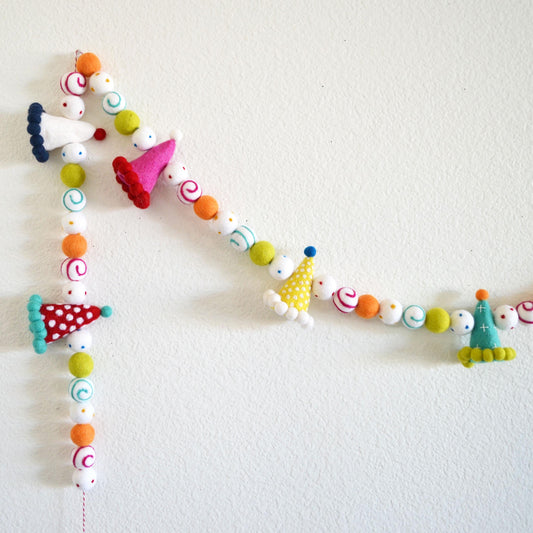 Party Hat Felt Ball Garland with Colorful Dots & Swirls