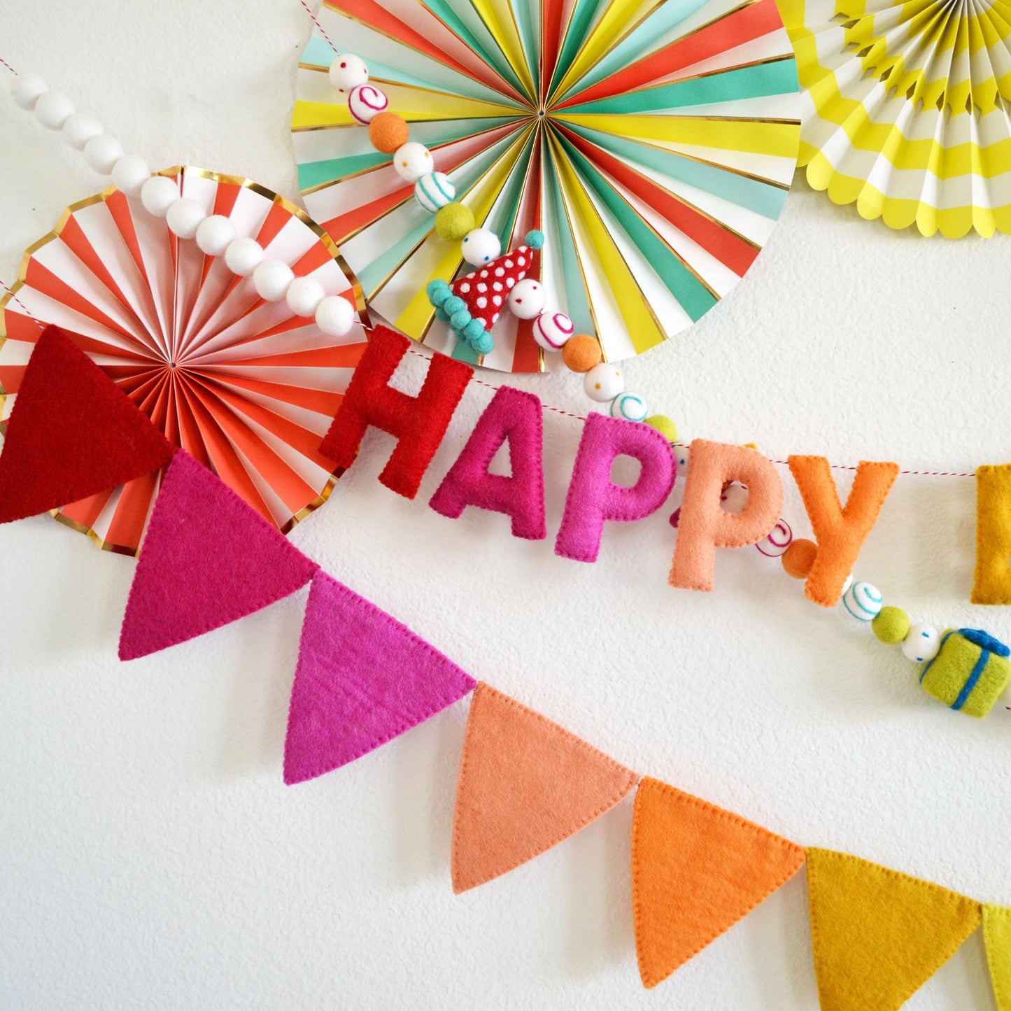 Reusable Happy Birthday Banner or Hat, Gift & Candle Felt Ball Garland or Rainbow Felt Pennants