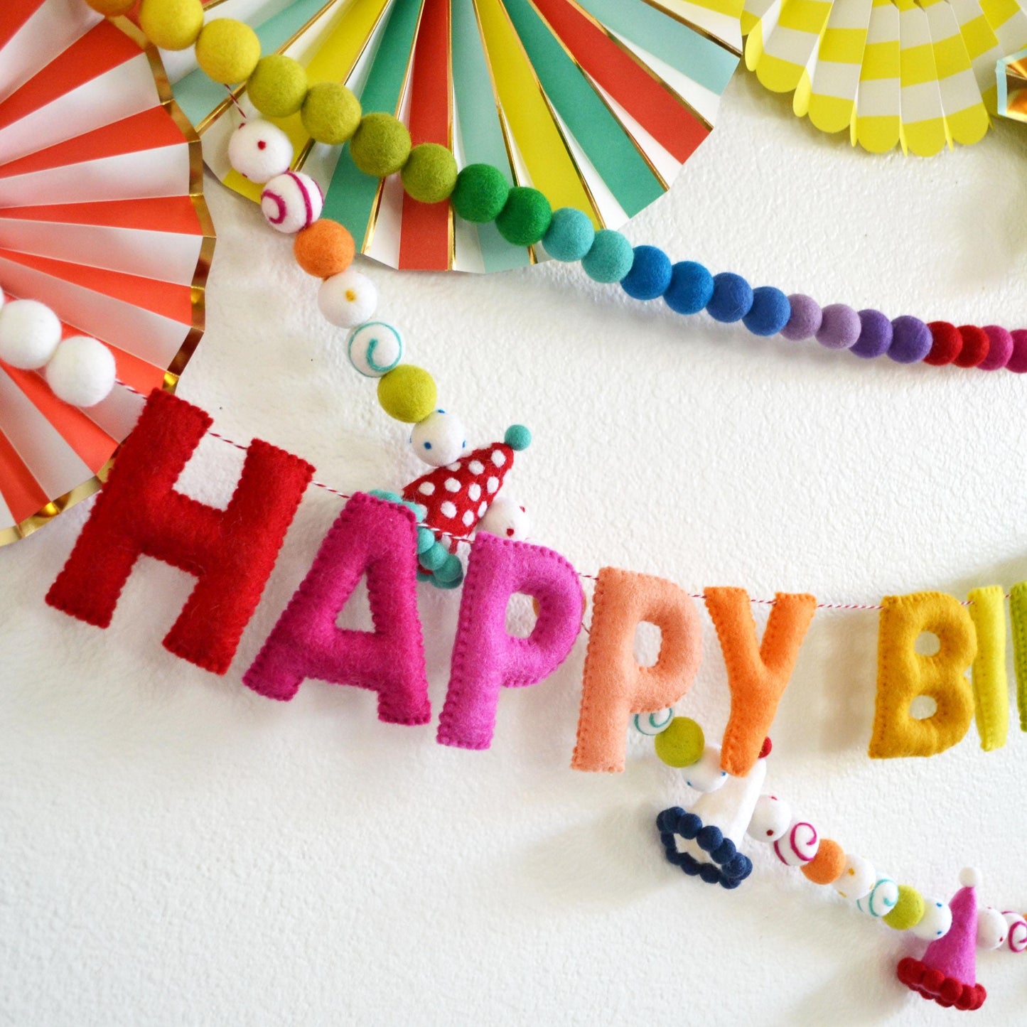 Rainbow Ombré Felt Garland, Happy Birthday Banner and Party Hat Felt Ball Garland Bundle