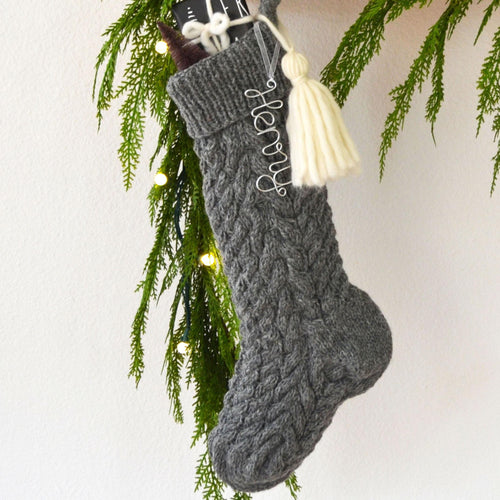 Gray Wool Cable Knit Christmas Stocking with Wool Tassel | Hand Knit Stocking |  (Name Tag NOT included)