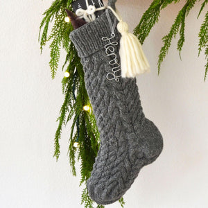 Gray Wool Cable Knit Christmas Stocking with Wool Tassel | Hand Knit Stocking |  (Name Tag NOT included)