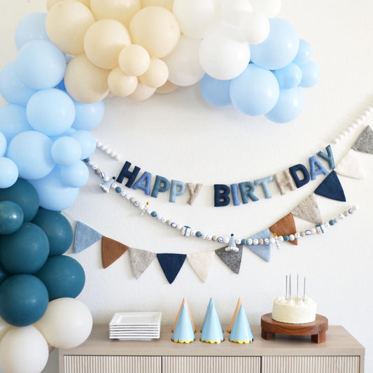 Blue Happy Birthday Garland, Party Felt Ball Garland or Felt Flag Pennant Banner