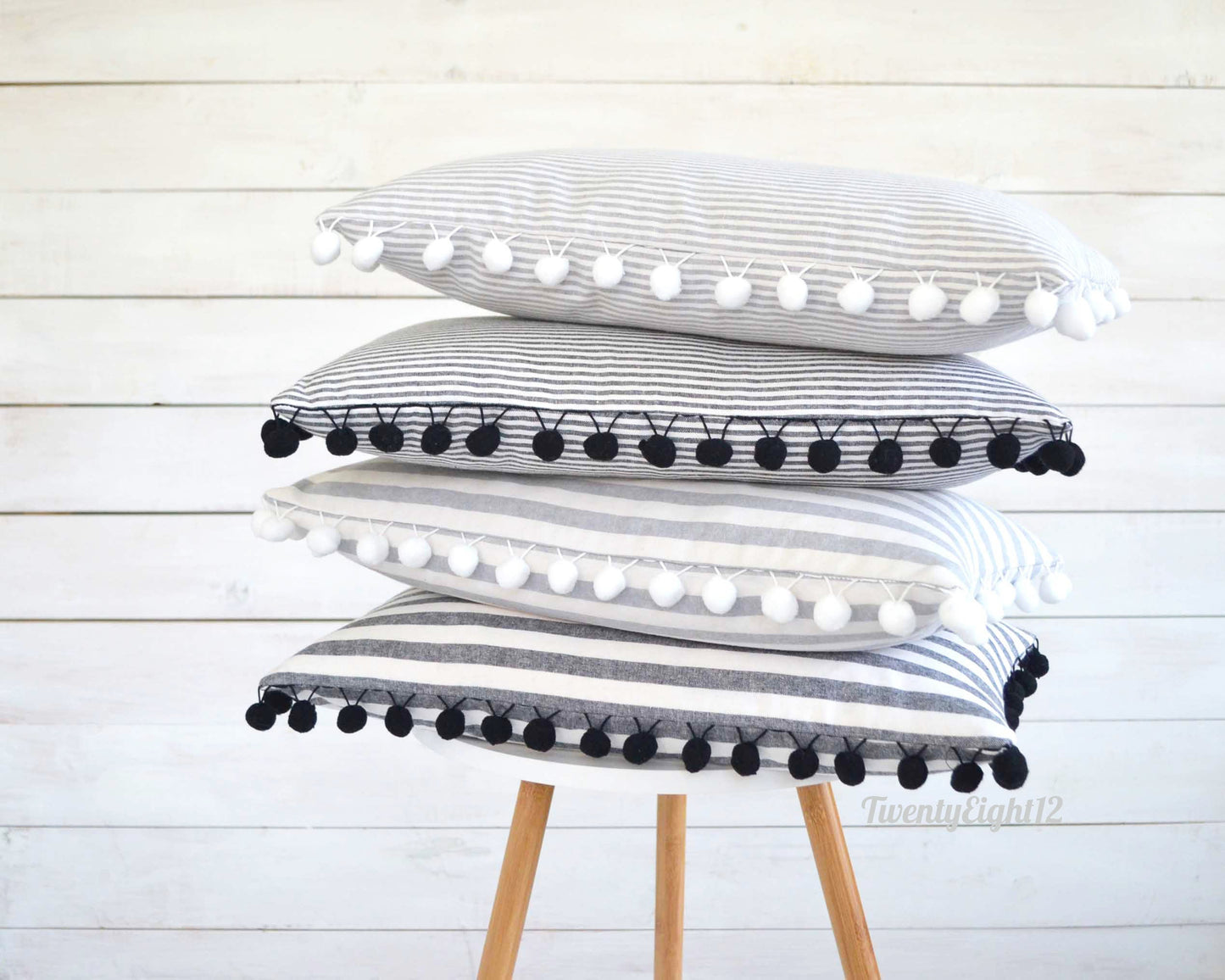 Pom Pom Pillow Cover - 12" x 20"- Striped Pom Pom Pillow Cover, Decorative Pillow,  Striped Throw Pillow, Pillow with Stripes
