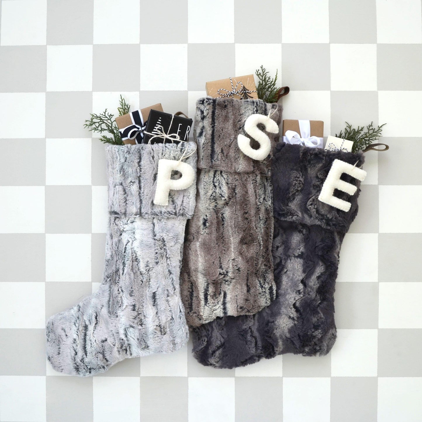 Faux Fur Christmas Stocking Personalized with Wool Letter