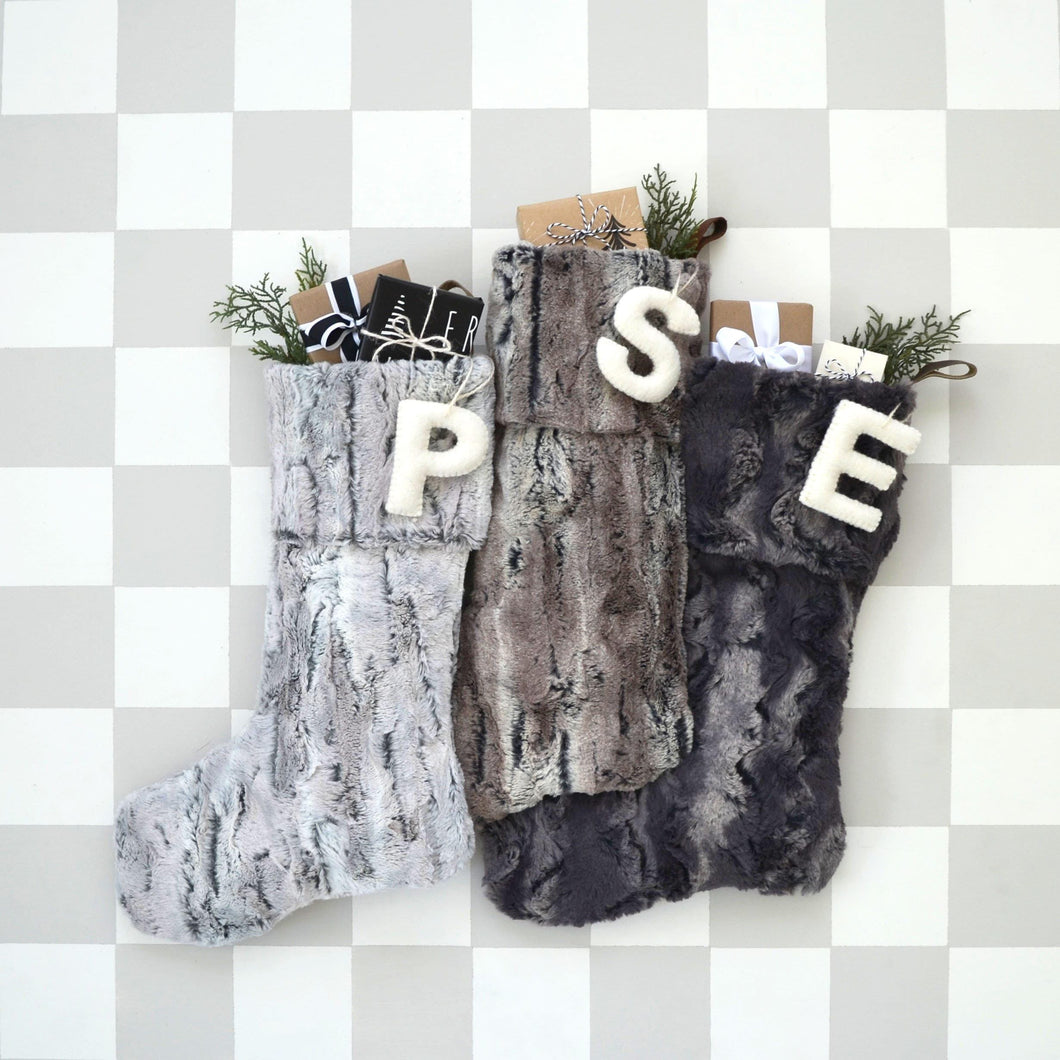 Fur Christmas Stocking - Faux Fur Stockings, Boho Stockings, Fur Stocking, Gray Stocking, Farmhouse Personalized Christmas Stockings