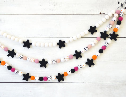 Halloween Felt Ball Garland -  Black Star Felt Ball Garland, Halloween Garland, Star Garland,  Halloween Decor, Black and Pink Garland, Felt