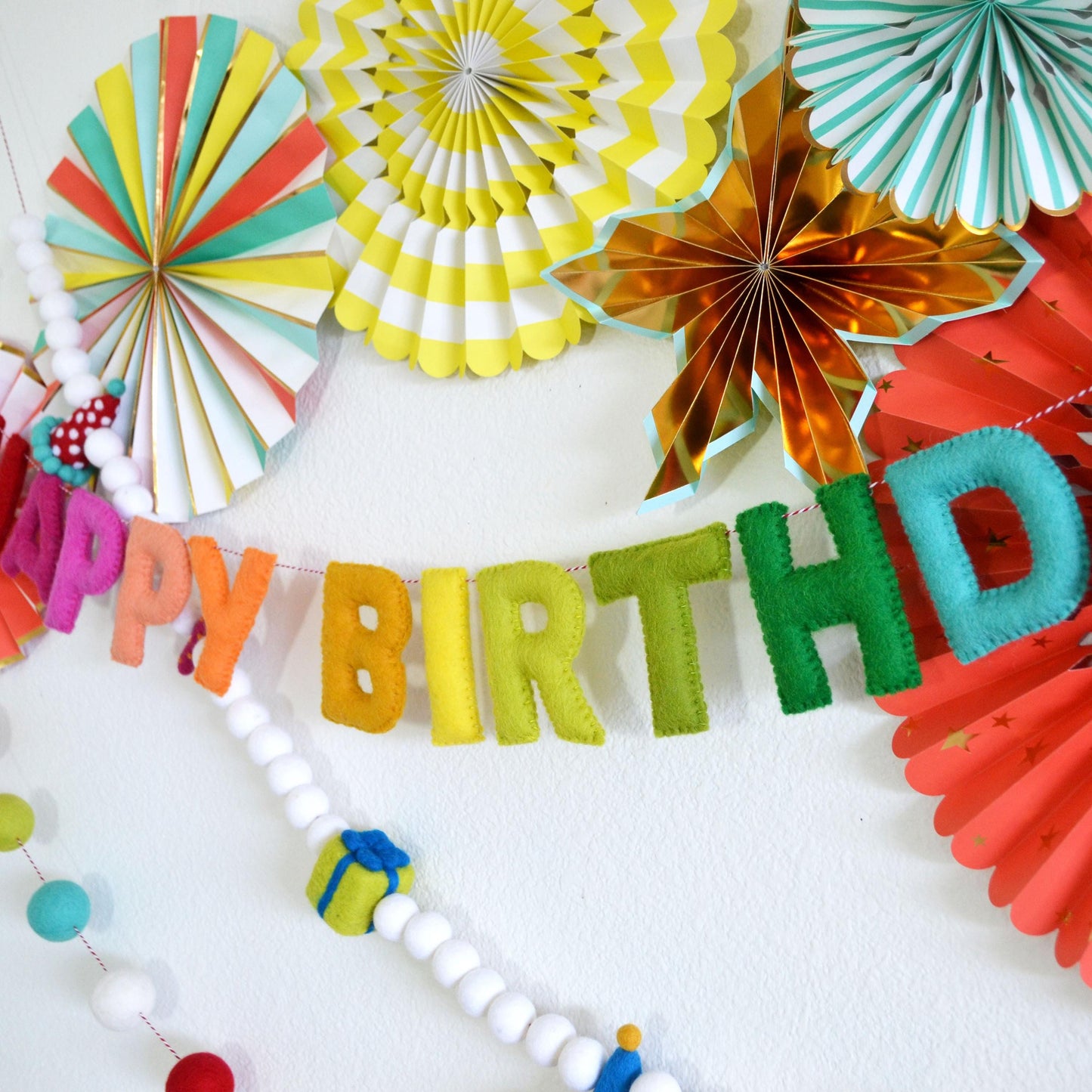 Reusable Rainbow Happy Birthday Banner, Hat Gift & Candle Felt Garland and 4cm Rainbow Felt Ball Garland Bundle