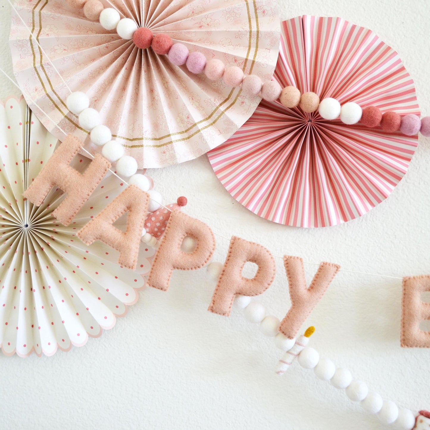 Pink Ombré Felt Ball Garland or Blush Pink Happy Birthday Banner or Hat, Gift & Candle Felt Garland