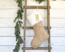 Christmas Stocking - White Pom Pom Christmas Stocking, Boho Christmas Stocking, Burlap Stocking, Baby Stocking, Bohemian Stocking, Stockings