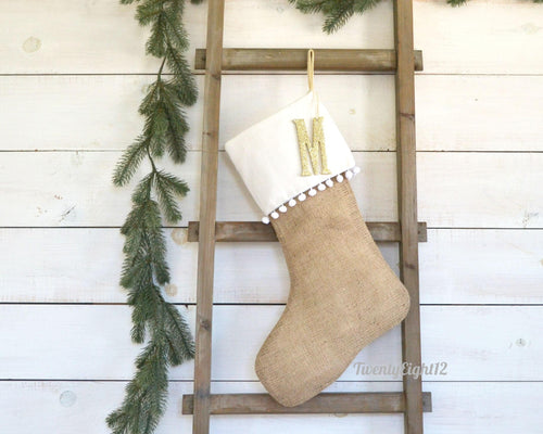 Christmas Stocking - White Pom Pom Christmas Stocking, Boho Christmas Stocking, Burlap Stocking, Baby Stocking, Bohemian Stocking, Stockings