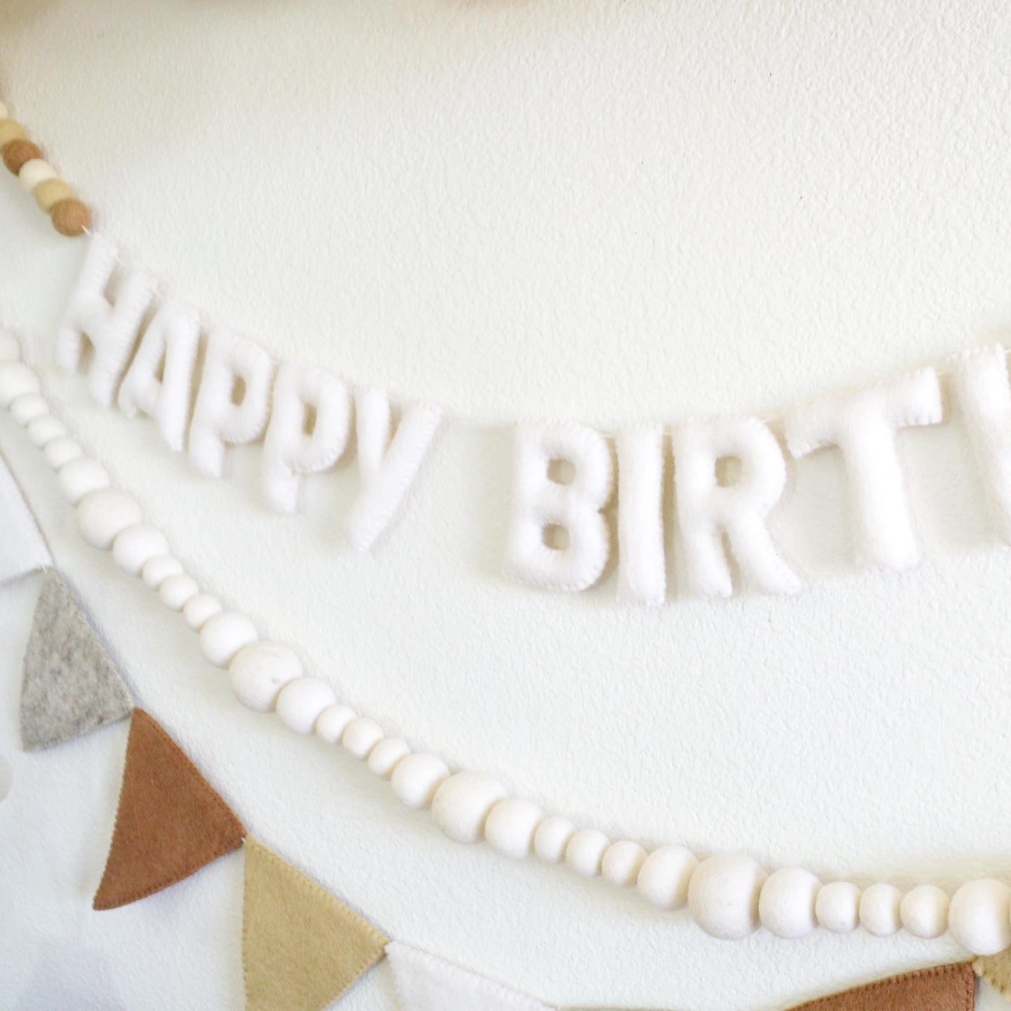 White Happy Birthday Felt Banner or Boho Felt Garland or Neutral Felt Flag Banner