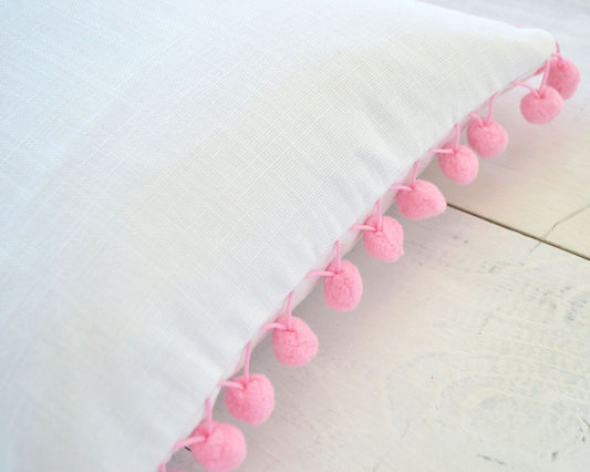 Pom Pom Lumbar Pillow Cover - White Cotton & Pink Pom Poms - 12" x 20" - Decorative Pillow, Throw Pillow, Pom Pom Pillow Cover, White Pillow