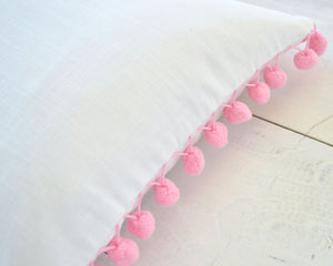Pom Pom Lumbar Pillow Cover - White Cotton & Pink Pom Poms - 12" x 20" - Decorative Pillow, Throw Pillow, Pom Pom Pillow Cover, White Pillow