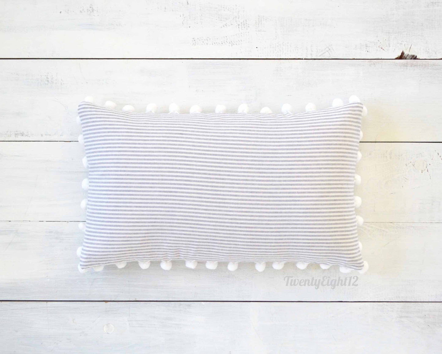 Pinstripe Pillow Cover with Large White Pom Poms -12" x 20"- Striped Pom Pom Pillow Cover, Decorative Pillow, White Pom Pillow, Boho Pillow
