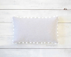 Pinstripe Pillow Cover with Large White Pom Poms -12" x 20"- Striped Pom Pom Pillow Cover, Decorative Pillow, White Pom Pillow, Boho Pillow