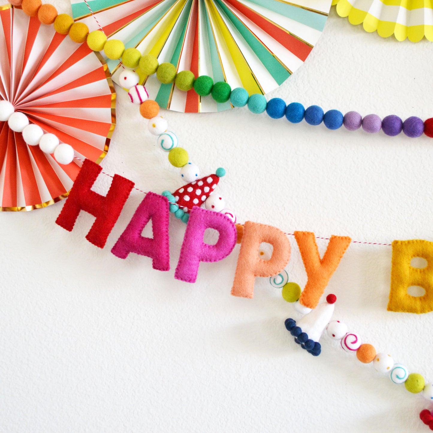 Rainbow Ombré Felt Garland, Happy Birthday Banner and Party Hat Felt Ball Garland Bundle