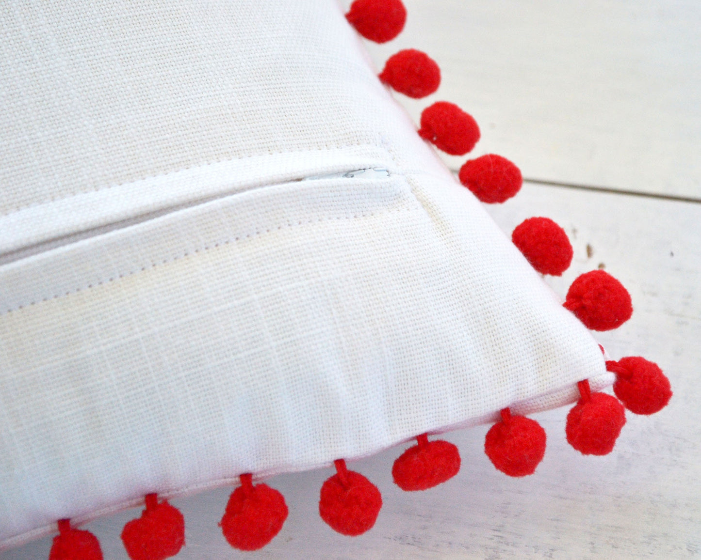 White and Red Pom Pom Pillow Cover - 20 Inch Pillow Cover - Kids Room Decor, Kids Pillow, Christmas Pillow, Red Pillow, Pom Pom Pillow