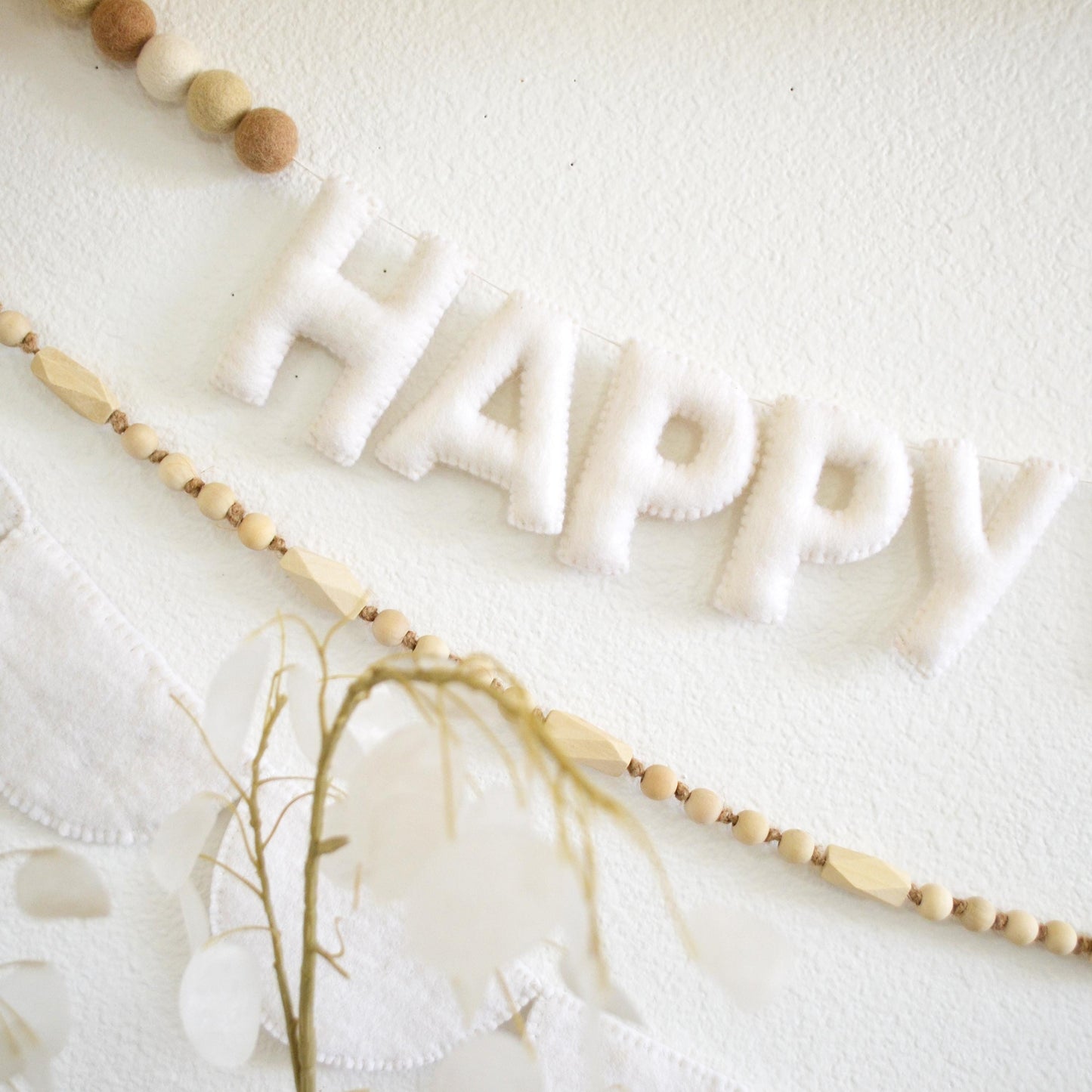 White Happy Birthday Felt Banner or Wood Bead Garland or Felt Scallop Banner