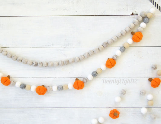 Fall Felt Ball Garland - Choice of Heather Tan Felt Ball Garland or Orange Pumpkin Garland