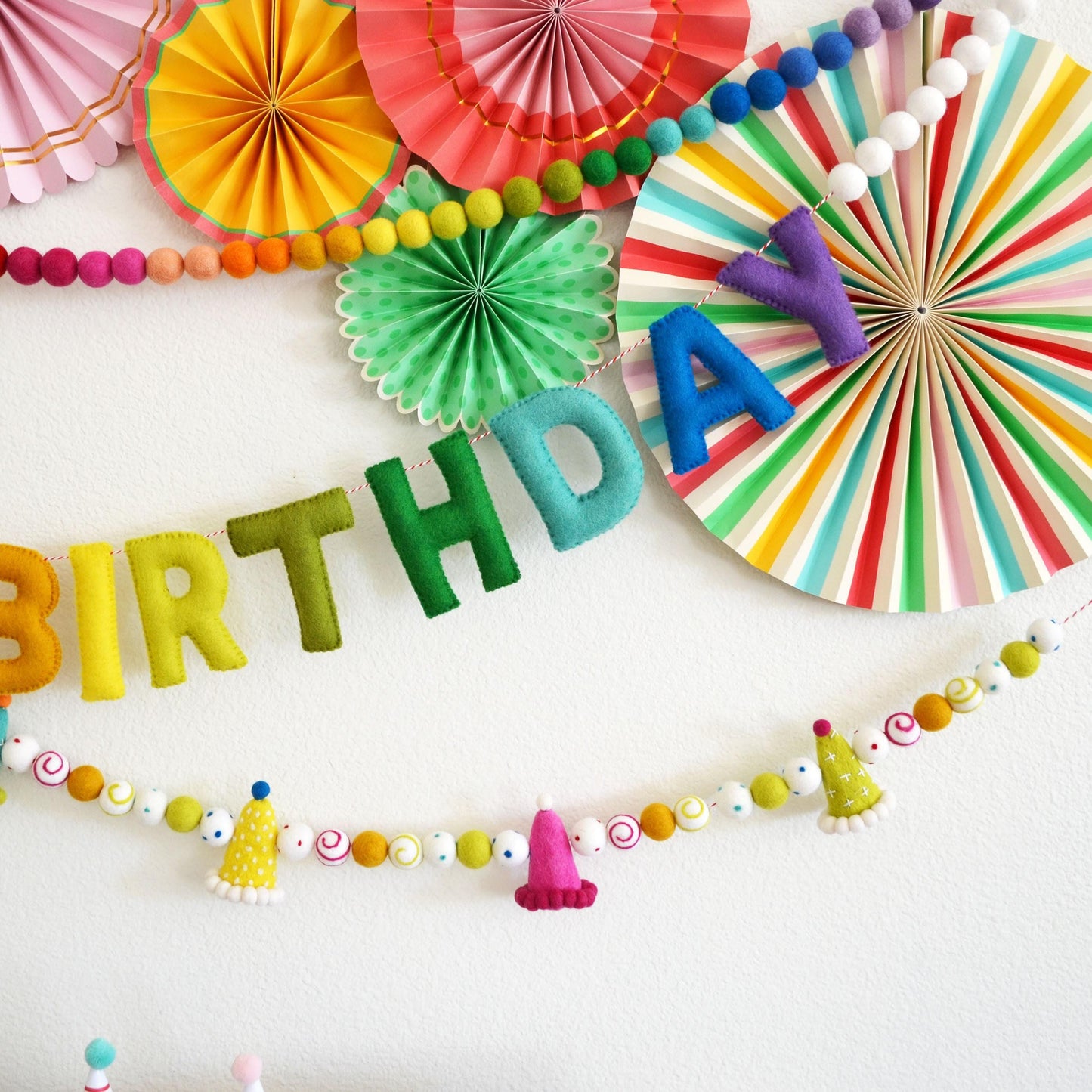 Happy Birthday Rainbow Felt Banner, Party Hat Felt Garland, Ombre Rainbow Felt Ball Garland Decoration, Paper Pinwheel Fans