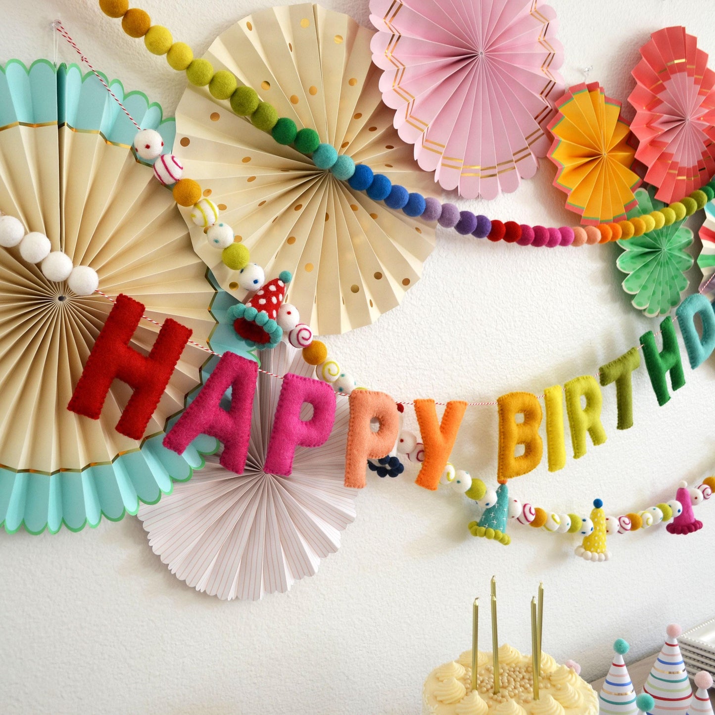 Happy Birthday Rainbow Felt Banner, Party Hat Felt Garland, Ombre Rainbow Felt Ball Garland Decoration, Paper Pinwheel Fans