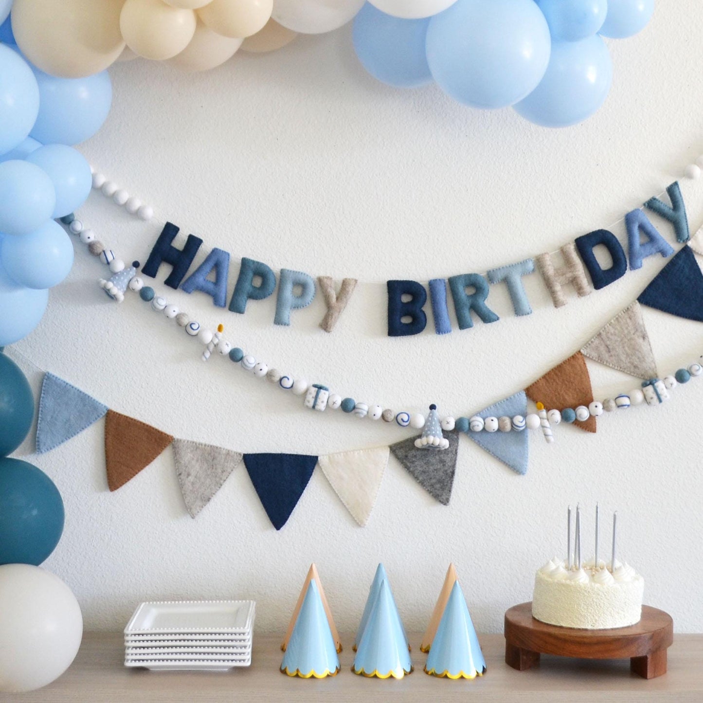 Blue Happy Birthday Banner or Felt Party Hat, Git & Candle Felt Garland or Pennant Flag Banner