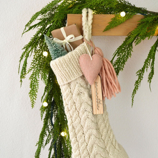 Ivory Cable Knit Wool Christmas Stocking with Tassel & Felt Heart (name tag NOT included)