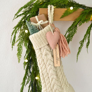 Cable Knit Stocking – Hand Knit Wool Christmas Stocking with Tassel & Felt Heart (Name tag NOT inlcuded)