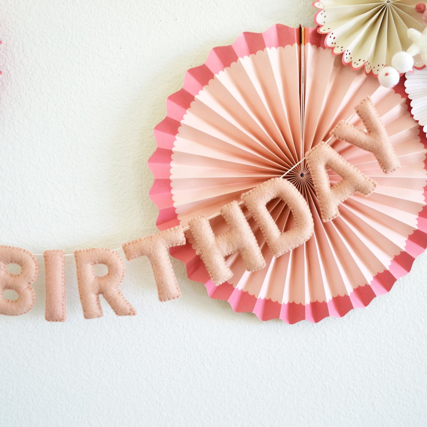 Felt Blush Pink Happy Birthday Banner with Hat, Gift and Star