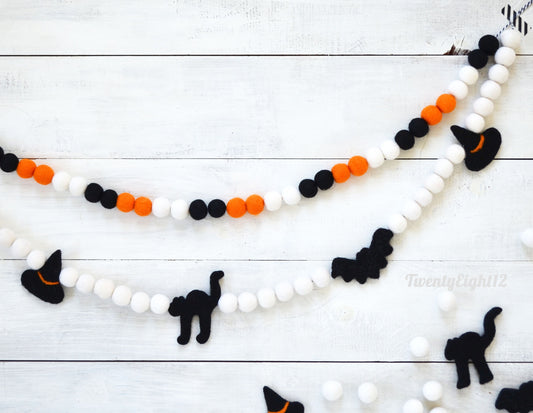 Halloween Felt Ball Garland - Choice of Orange, Black & White Ombre Felt Ball Garland  or Hat, Cat & Bat Garland