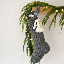 Cable Hand Knit Wool Christmas Stocking with Wool Tassel & Felt Letter | Cable Knit Gray Christmas Stocking | Knit Christmas Heirloom