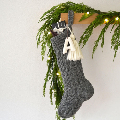 Cable Hand Knit Wool Christmas Stocking with Wool Tassel & Felt Letter | Cable Knit Gray Christmas Stocking | Knit Christmas Heirloom