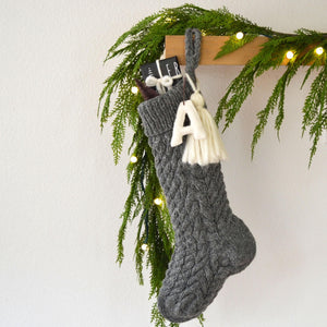 Cable Hand Knit Wool Christmas Stocking with Wool Tassel & Felt Letter | Cable Knit Gray Christmas Stocking | Knit Christmas Heirloom