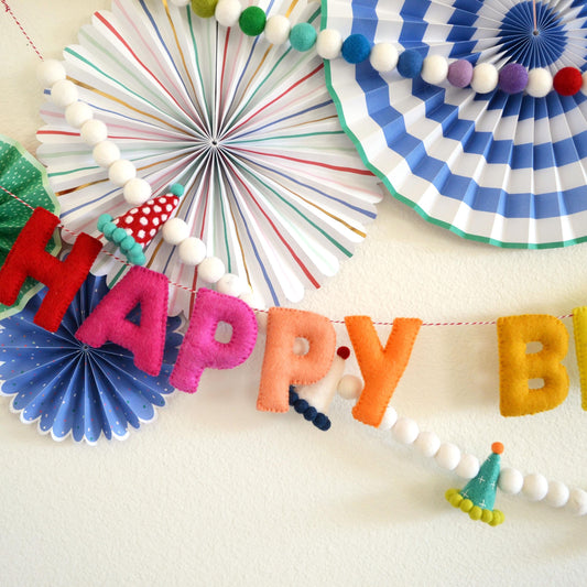 Rainbow Ombré & White Felt Ball Garland or Happy Birthday Banner or Party Hat Felt Garland