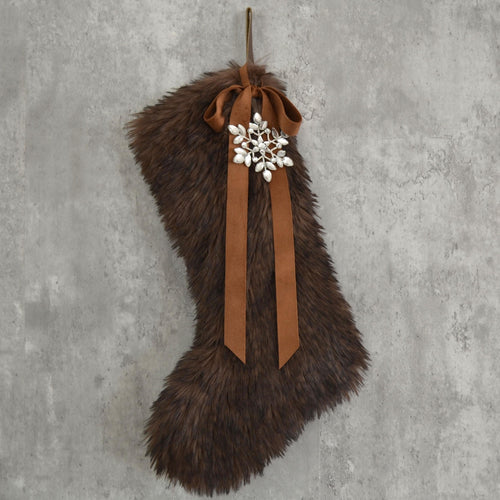 Chocolate Brown Faux Fur Christmas Stocking with Leaf Gem and Velvet Bow | Family Christmas Stockings | Moody Fur Stockings | Rustic Decor