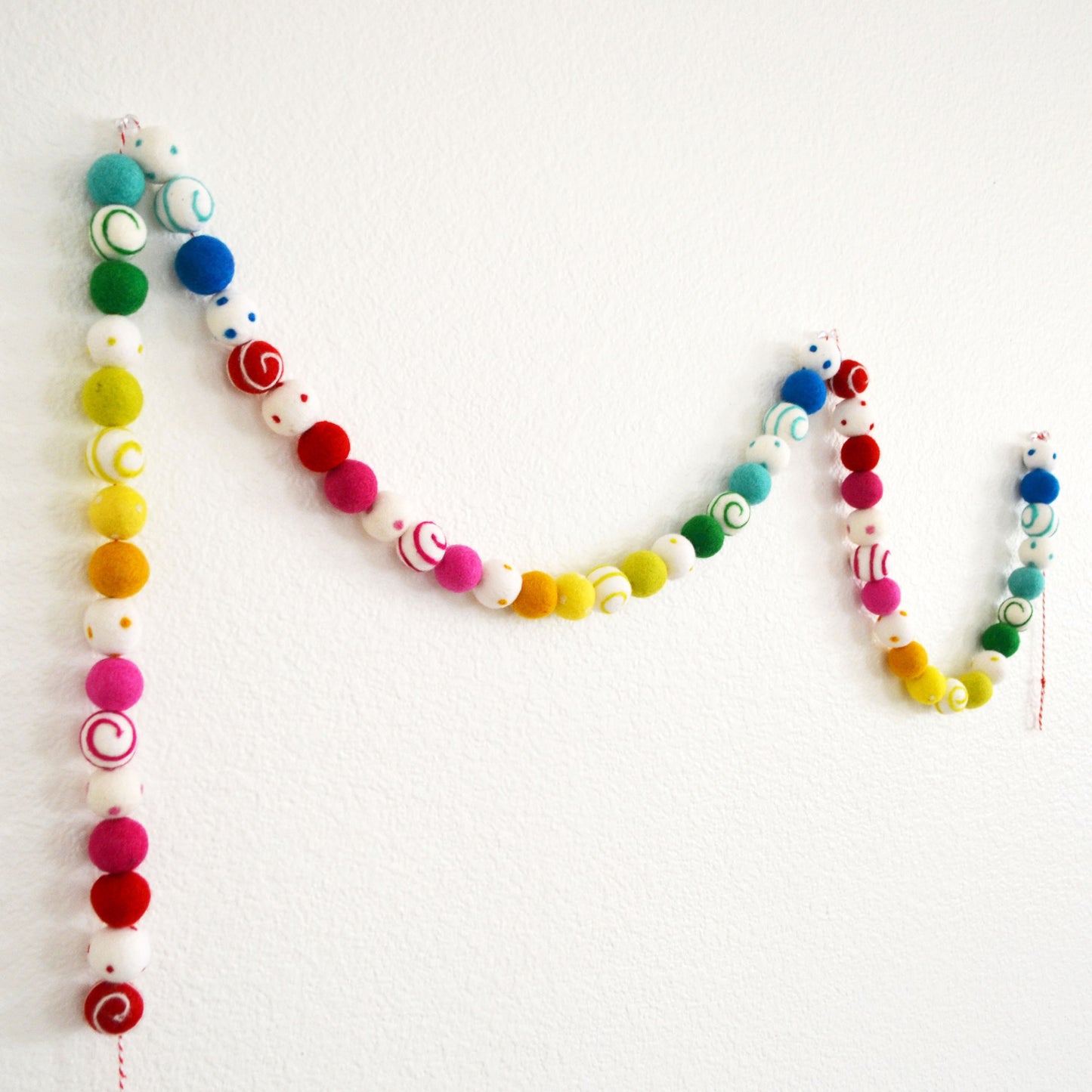Rainbow Ombré Felt Ball Garland with Colorful Dots and Swirls
