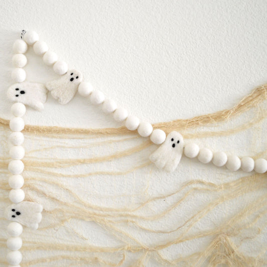Halloween Felt Ball Garland - White Ghosts