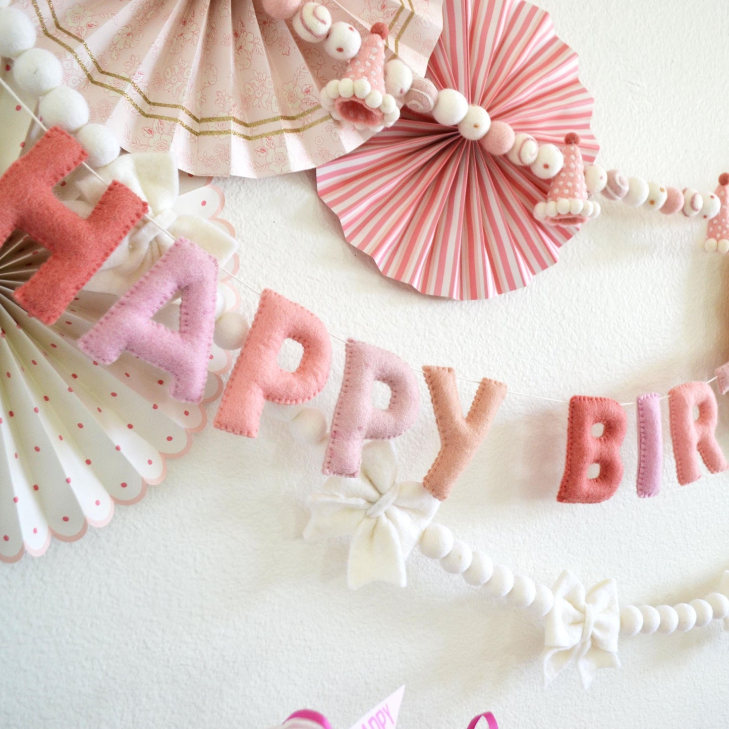 Pink Party Hat Felt Garland or Pink Ombré Felt Banner or White Bow Felt Ball Garland