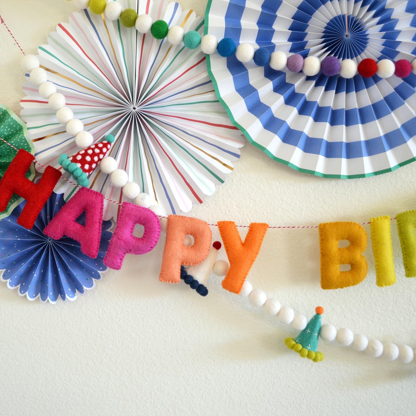 Rainbow and White Ombré Felt Ball Garland, Happy Birthday Banner and Party Hat Felt Garland Bundle