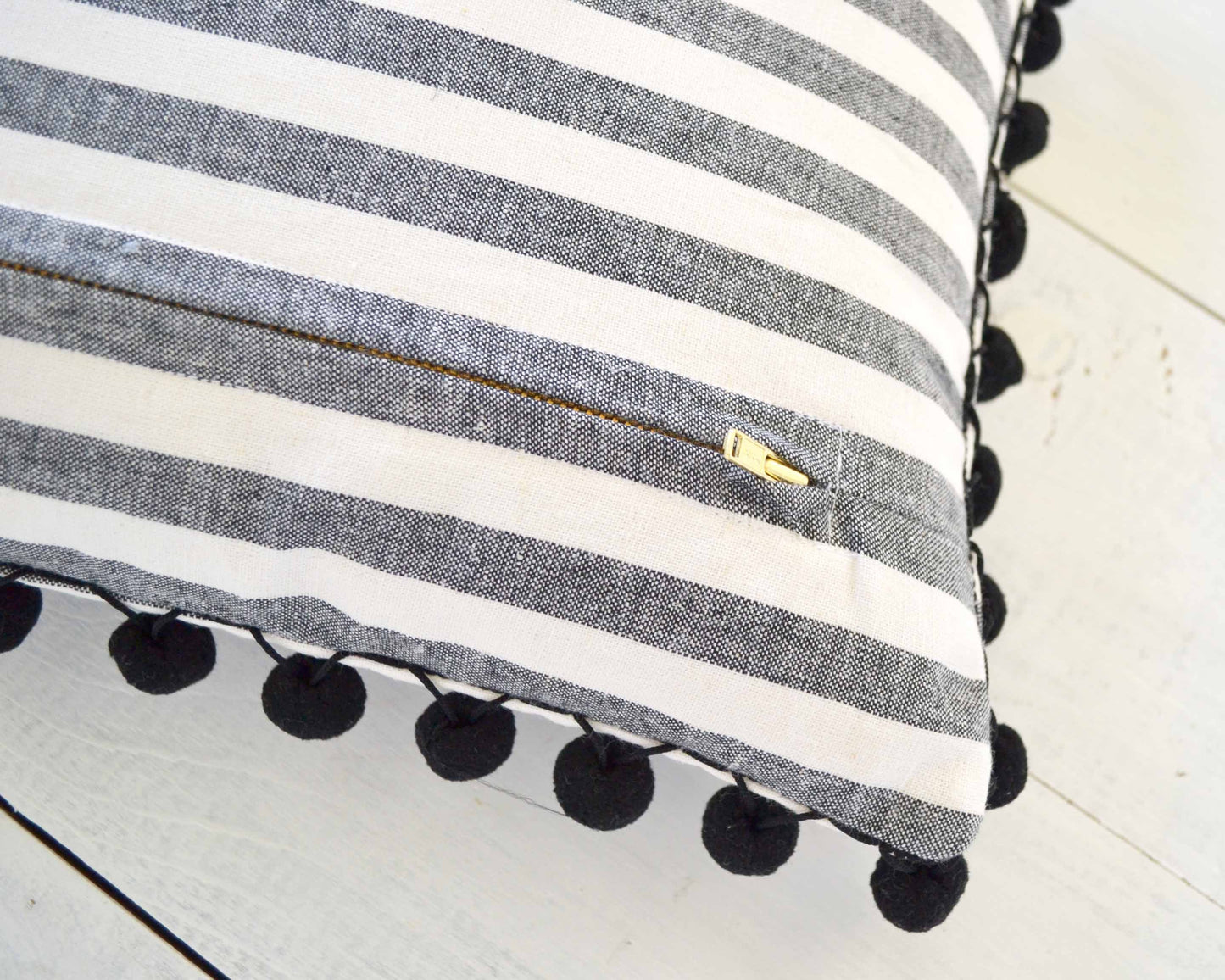 Black and White Striped Pillow Cover with Large Black Pom Poms - 12" x 20" - Pom Pom Pillow Cover, Decorative Pillow, Black Pom Pillow