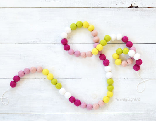 Felt Ball Garland - Pink, Yellow, Grean and White Ombre