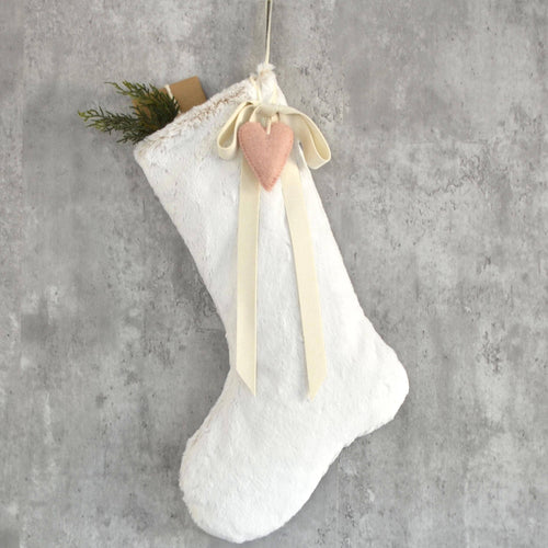 Snow White Faux Fur Christmas Stocking with Felt Heart and Velvet Bow | Stocking for Kids | Girls Christmas Stocking | Christmas Decor