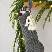 Cable Hand Knit Wool Christmas Stocking with Wool Tassel & Felt Letter | Cable Knit Gray Christmas Stocking | Knit Christmas Heirloom