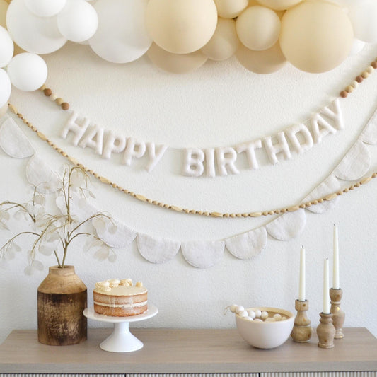 White Happy Birthday Felt Banner or Wood Bead Garland or Felt Scallop Banner