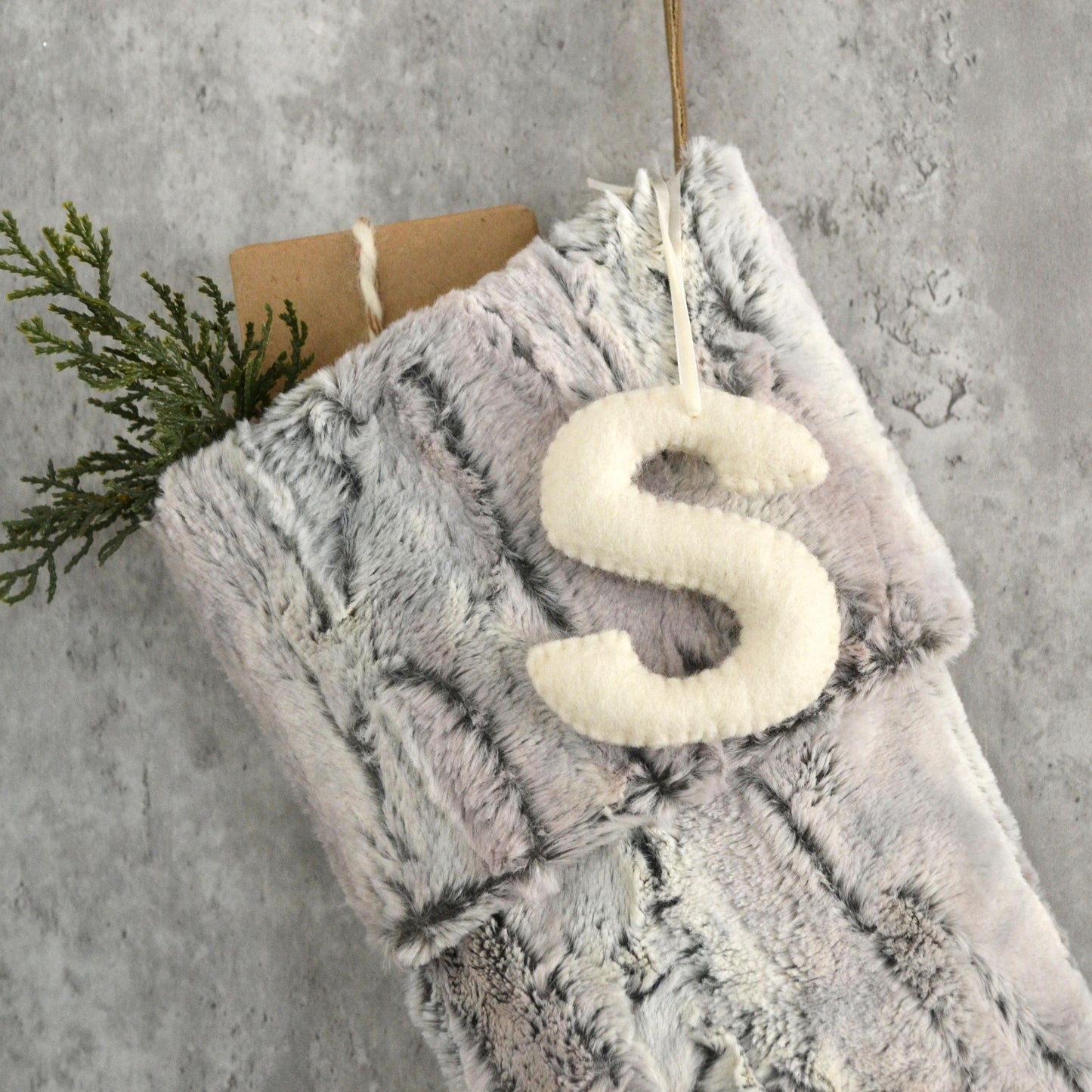 Gray Faux Fur Christmas Stocking with Personalized Felt Letter