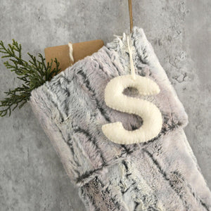 Gray Faux Fur Christmas Stocking with Personalized Felt Letter | Cozy Fur Stocking for Him | Personalized Rustic Family Christmas Stocking