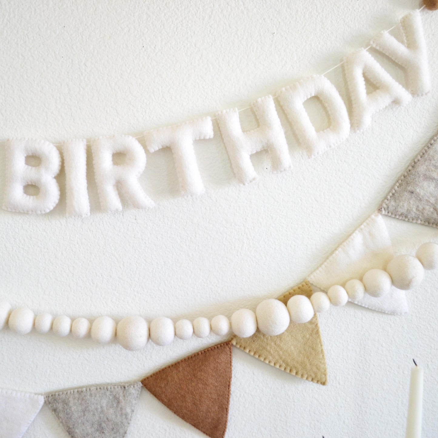 White Happy Birthday Felt Banner or Boho Felt Garland or Neutral Felt Flag Banner