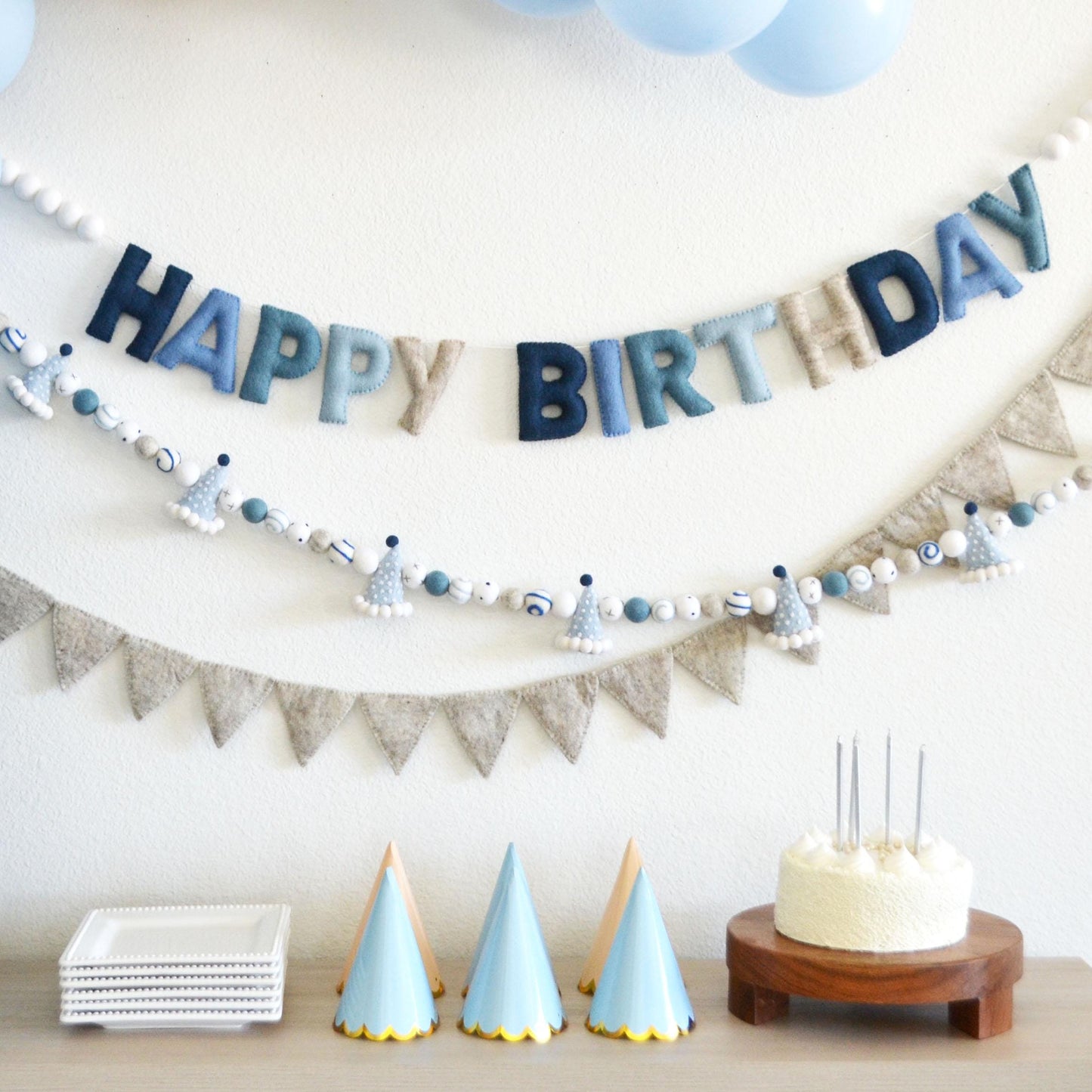 Blue Ombré Felt Happy Birthday Banner or Blue Party Hat Felt Ball Garland or Tan Pennant Banner