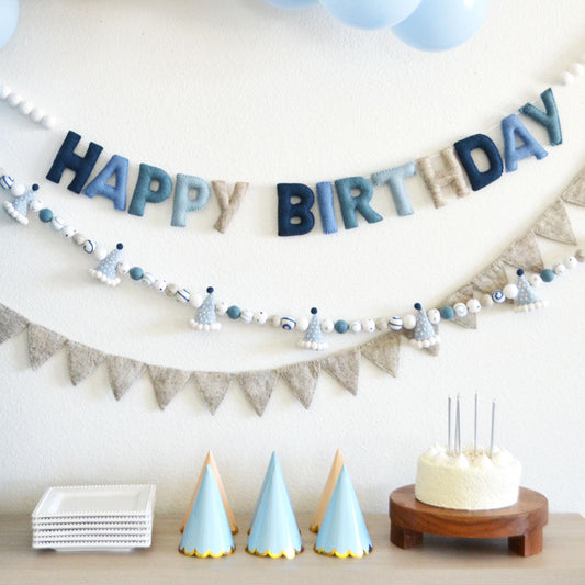 Blue Ombré Felt Happy Birthday Banner or Blue Party Hat Felt Ball Garland or Tan Pennant Banner