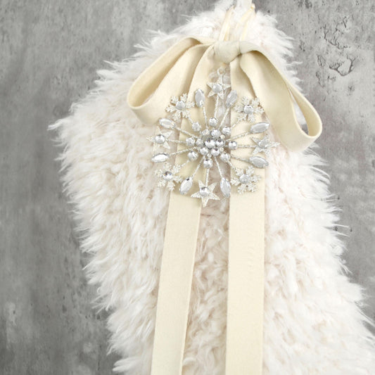 Ivory Sherpa Faux Fur Christmas Stocking with Velvet Bow and Star Gems